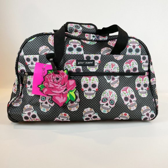 Betsey Johnson Skull Party Collection Rolling Duffel Bag Luggage - Picture 1 of 10